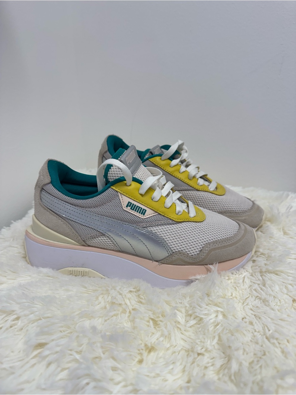 Puma Women's Beige Mesh Platform Sneakers with Yellow and Teal Accents